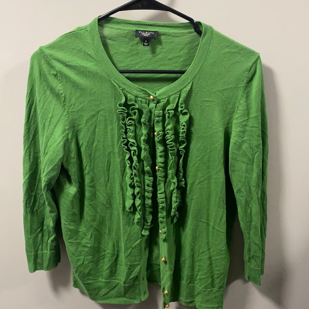 Talbots, ruffle front 3/4 sleeve cardigan
